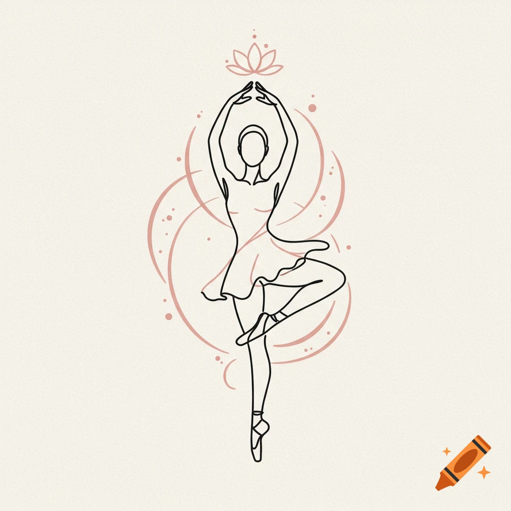 Minimalist line art of a ballet dancer in arabesque with arms raised holding a lotus flower, surrounded by swirls.