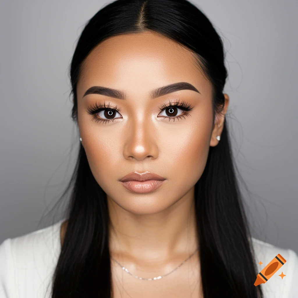 Close-up portrait of a woman with natural glam makeup and long black hair.