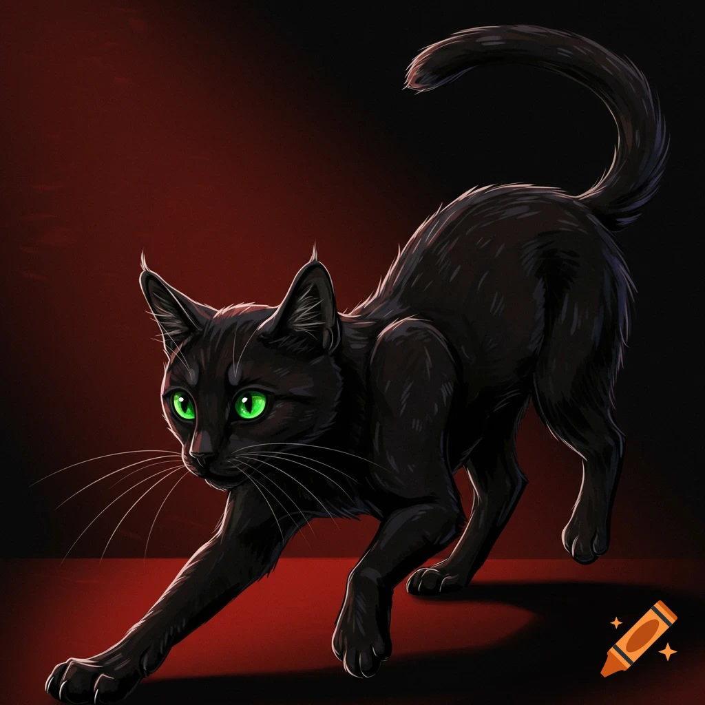 A stylized depiction of a black cat with green eyes stretching on a red background.