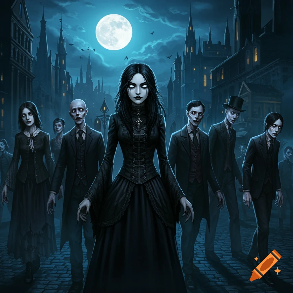 A group of gothic undead figures stand in a dark city street under a full moon.