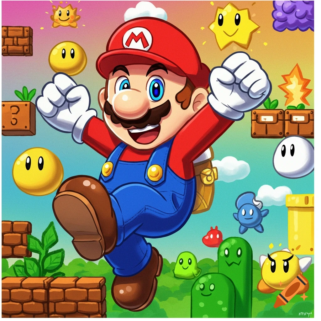 Mario jumping among coins, Goombas, stars, and other items from the game.