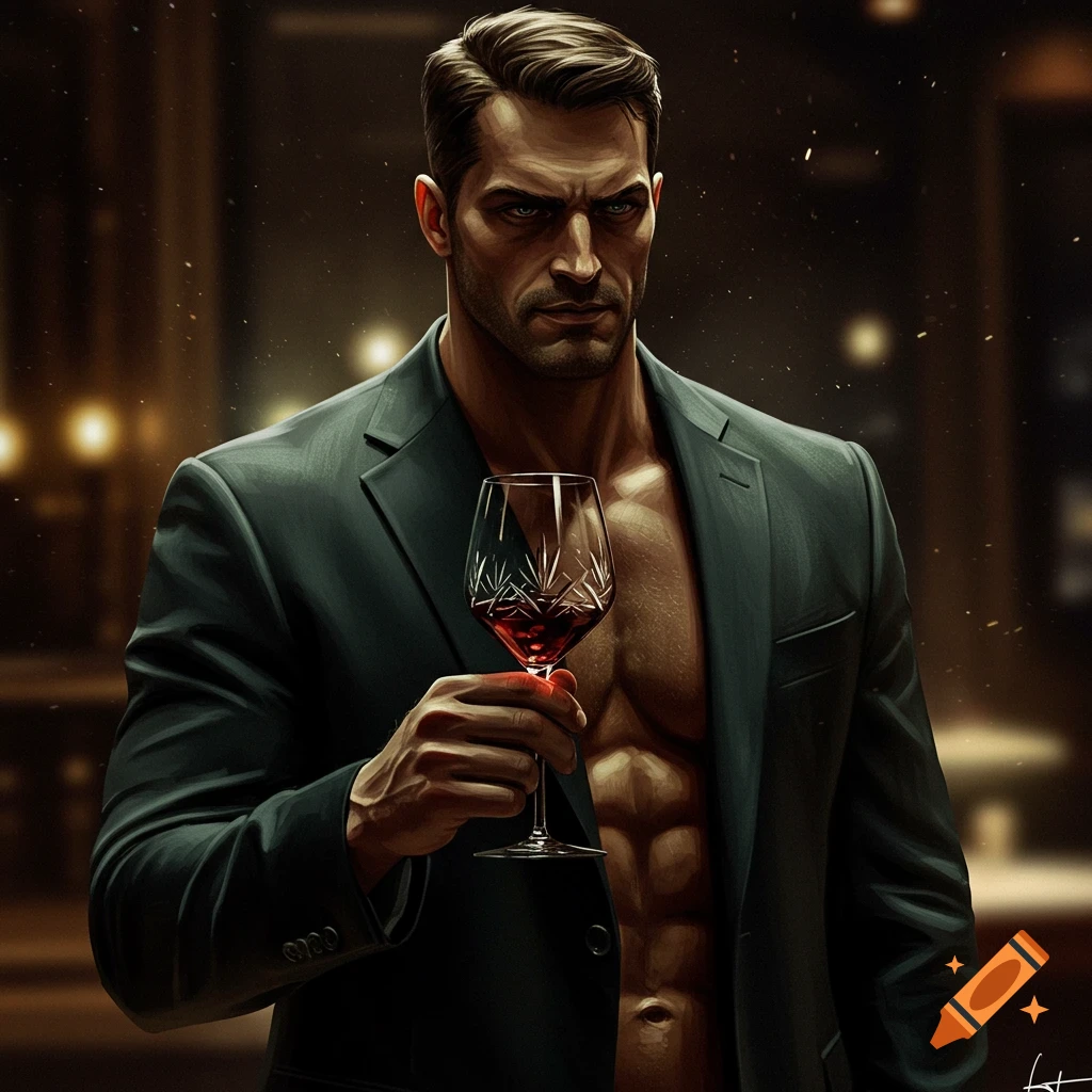 A muscular man in a suit holding a glass of red wine.
