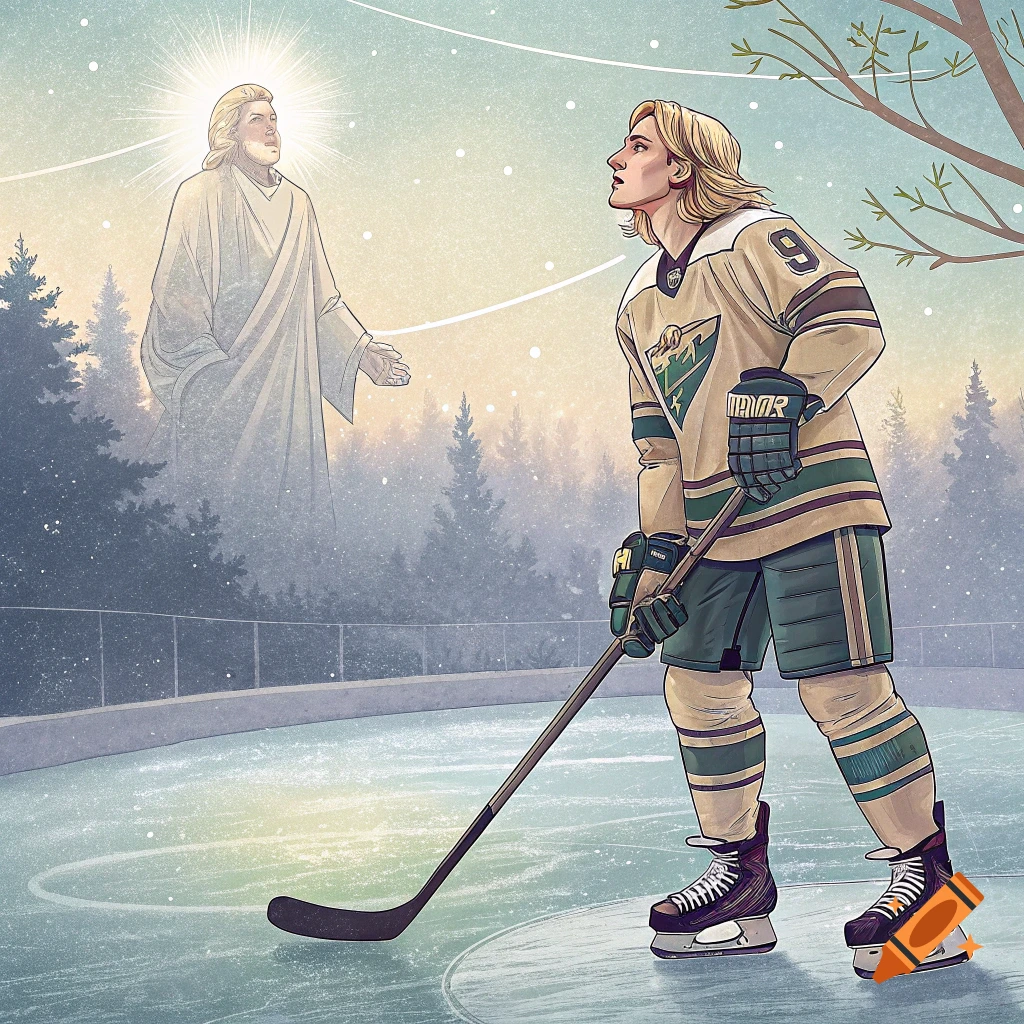 A hockey player on an outdoor rink looks up at a glowing figure resembling Jesus in the sky, in a ghibli-like style.