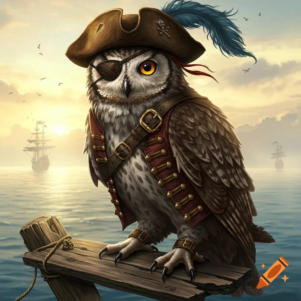 An owl is dressed as a pirate, complete with an eyepatch and hat. It's perched on a wooden dock with a view of the sea, where ships are visible in the background.