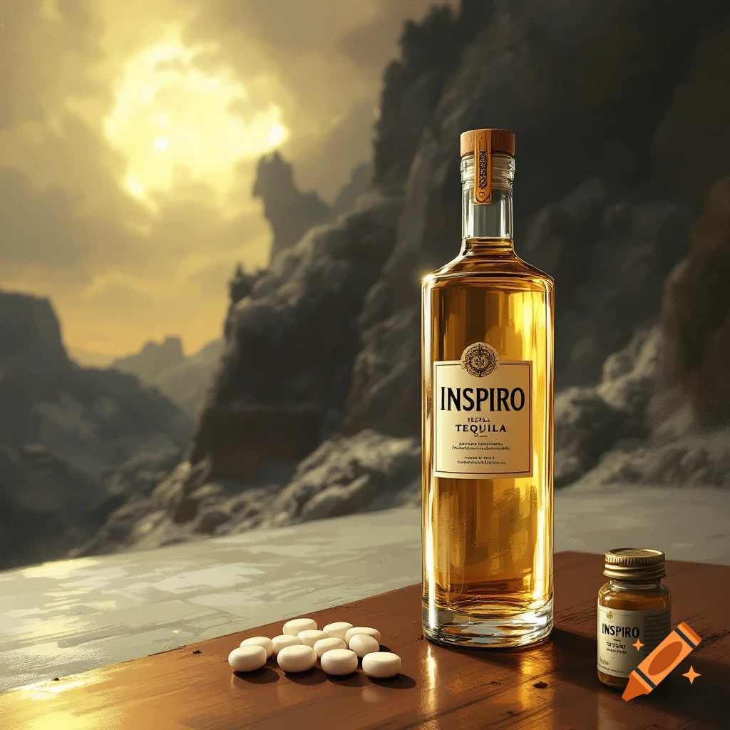 A bottle of Inspiro tequila and a pile of white pills sit on a wooden surface in a dramatic landscape with mountains under a bright, cloudy sky.