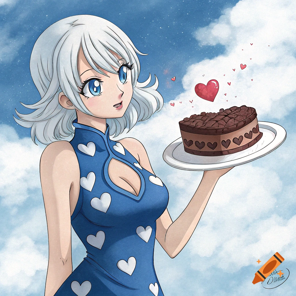 Anime girl with white hair holding a heart-shaped chocolate cake on a plate, set against a cloudy sky.