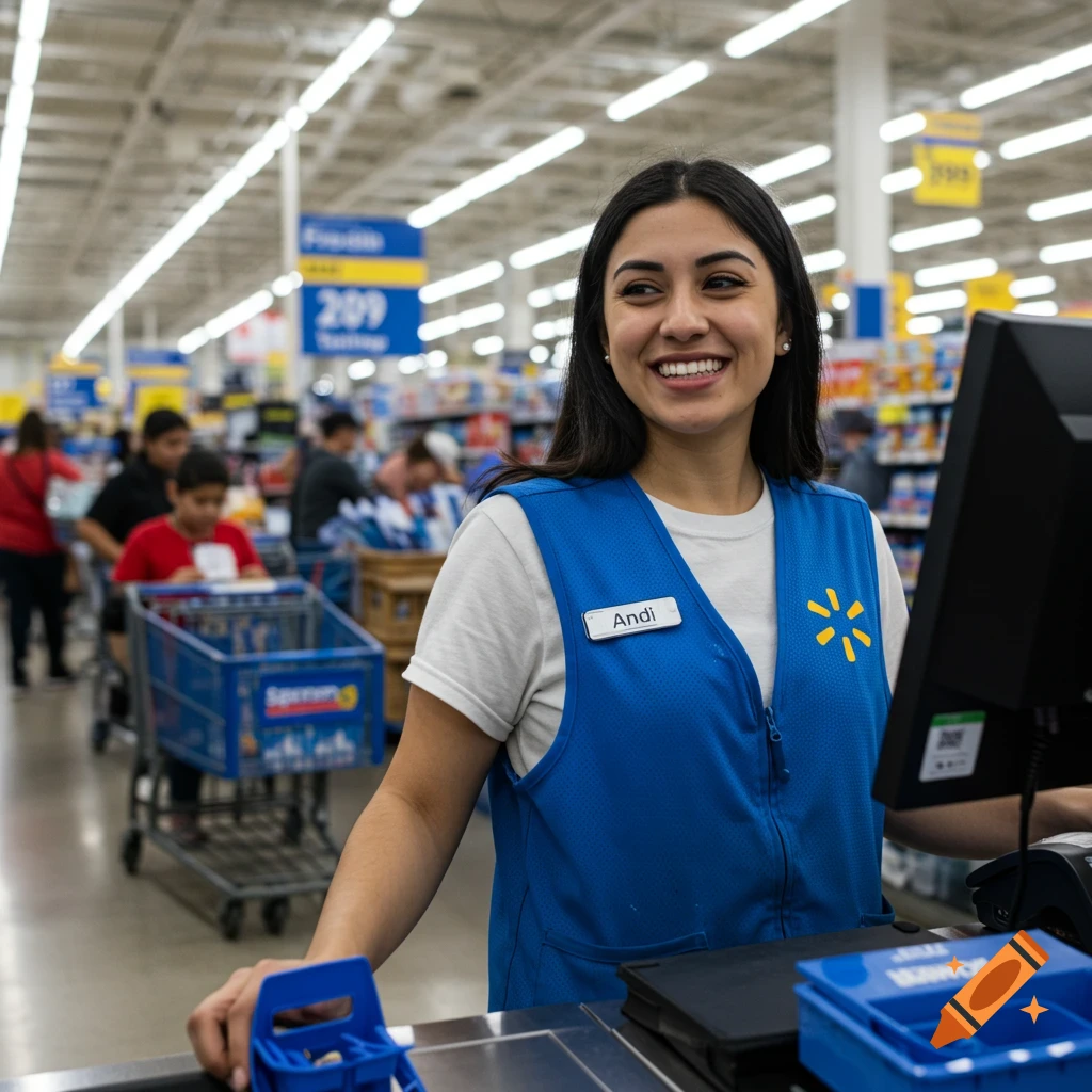 A woman wearing a Walmart vest smiles at a checkout counter in a busy store.