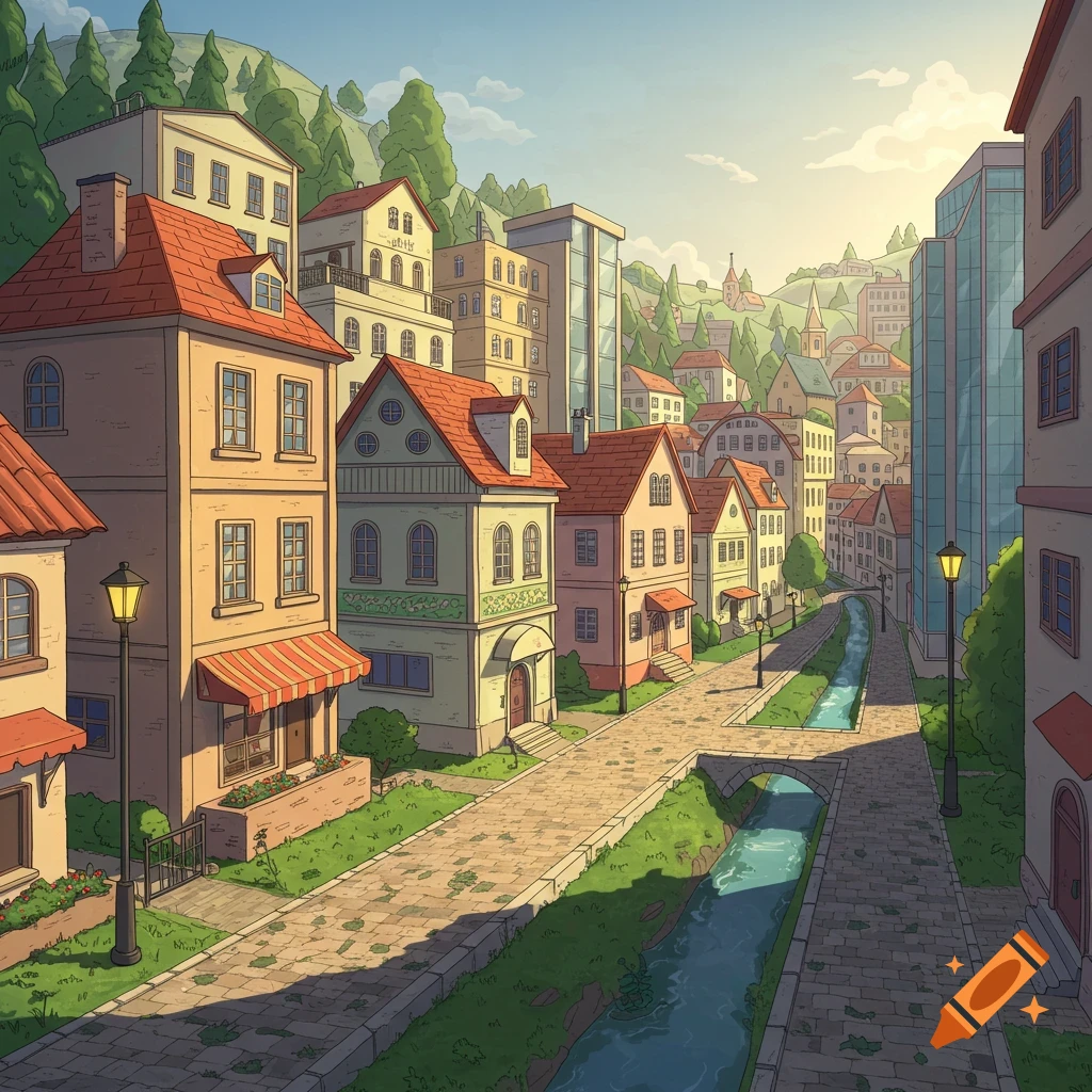 Cartoon city street with buildings, canal, trees, and mountains under a sunny sky.