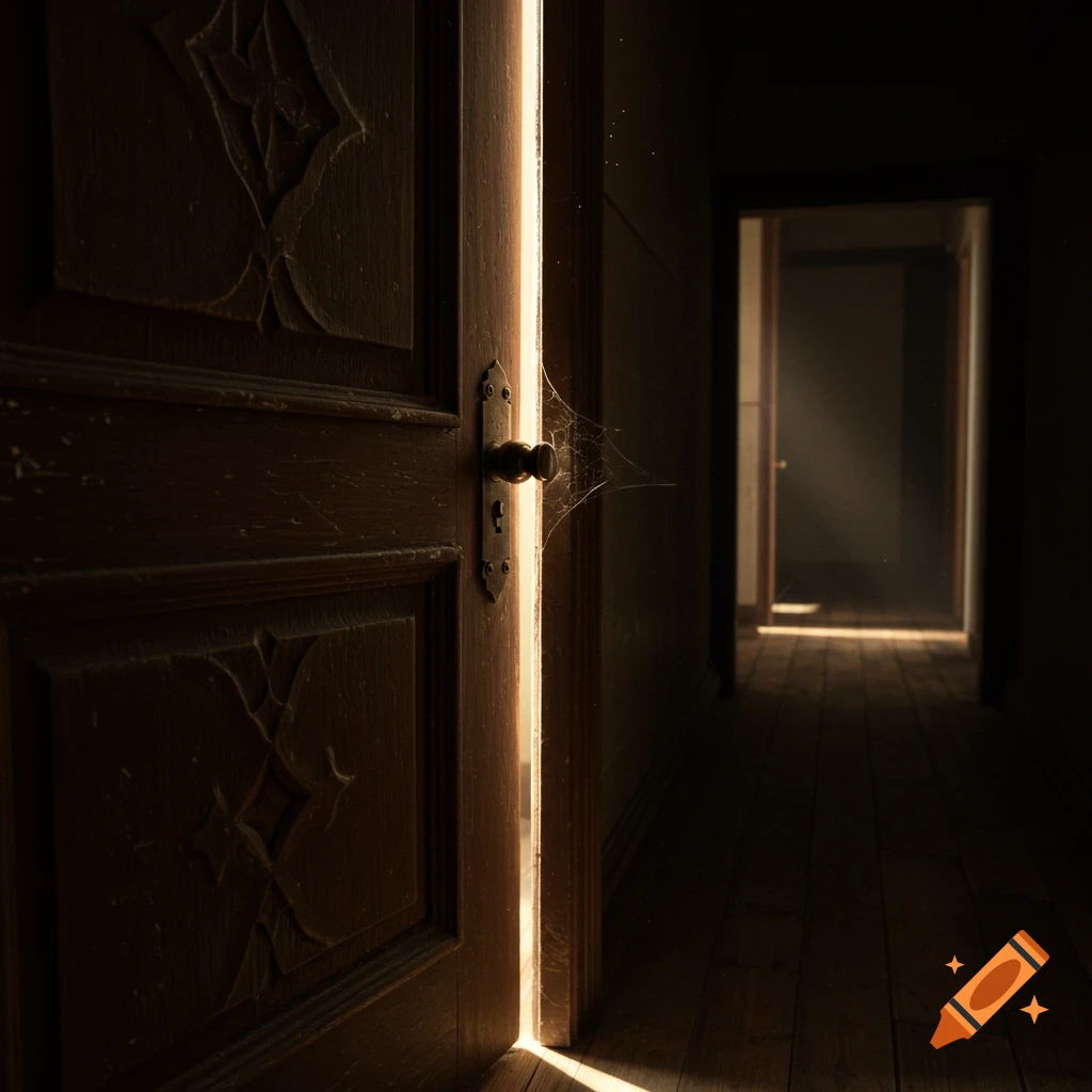 Dark hallway with light from an ajar wooden door, viewed from the side