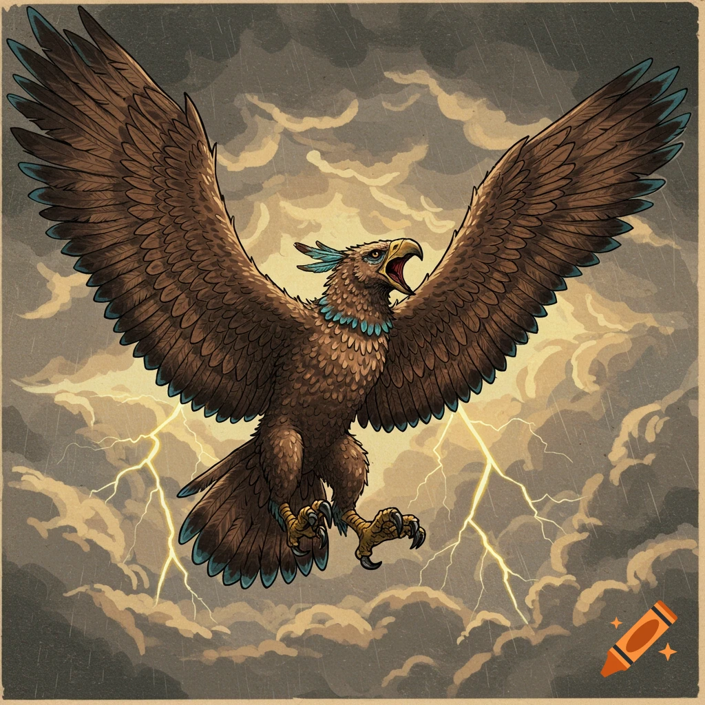Drawing of a thunderbird flying through a storm with lightning.