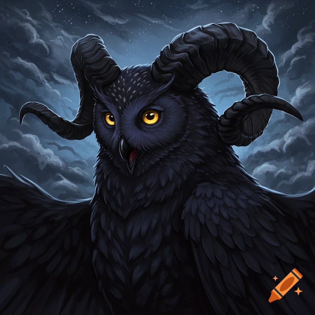A dark owl with ram horns against a cloudy night sky.