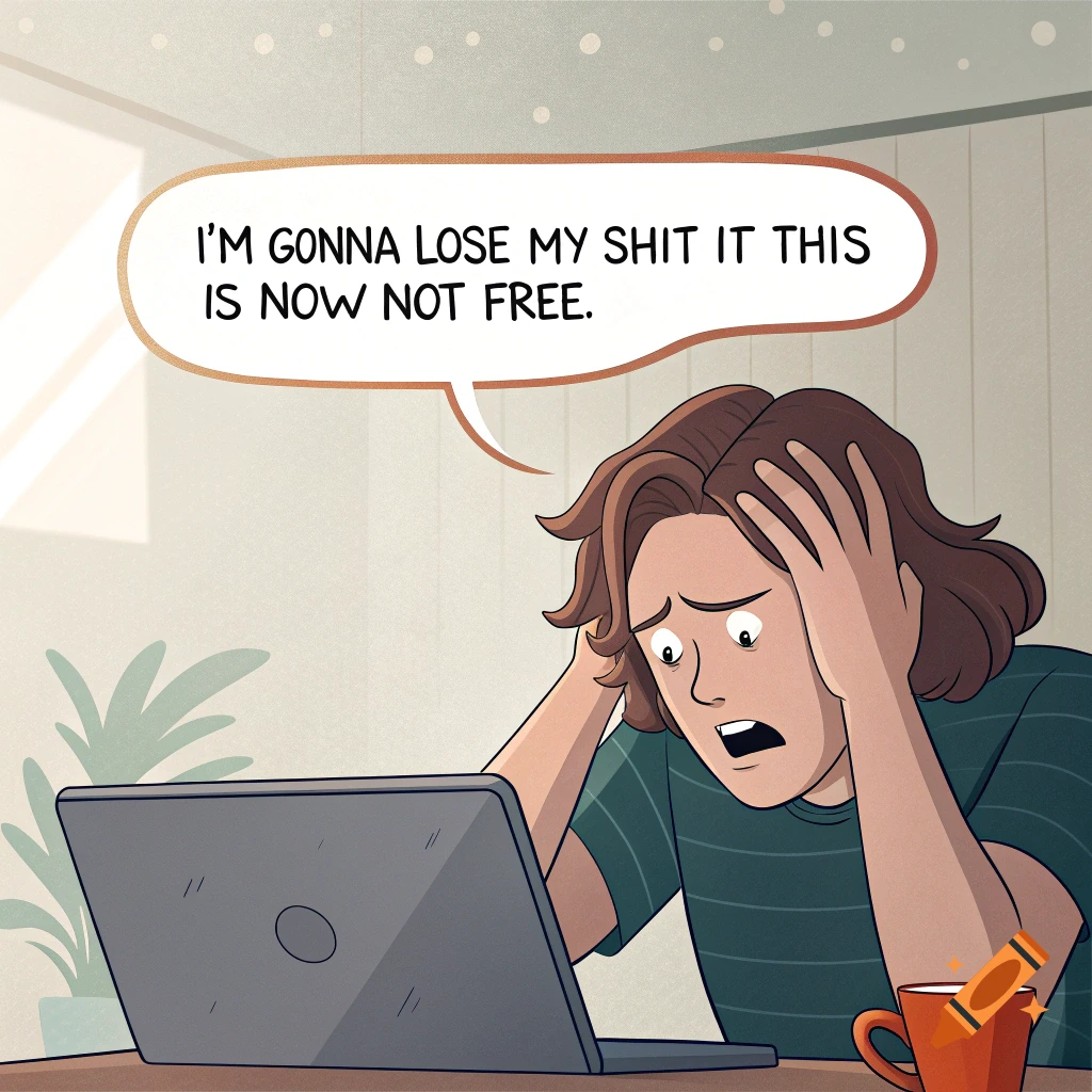 Cartoon person at a laptop, holding their head, looking distressed, with a speech bubble above.
