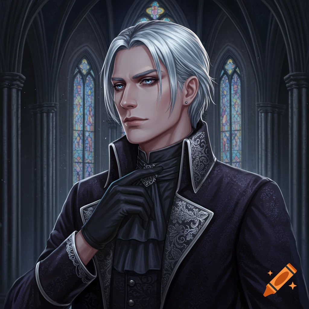 A man with silver hair and blue eyes in gothic clothing stands in a gothic building with stained glass windows.