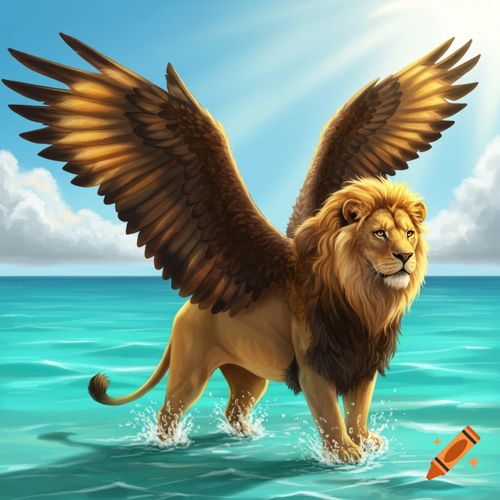 A winged lion standing in the shallow sea