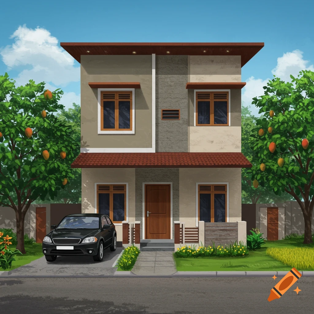 A modern house with a car, trees, and garden.