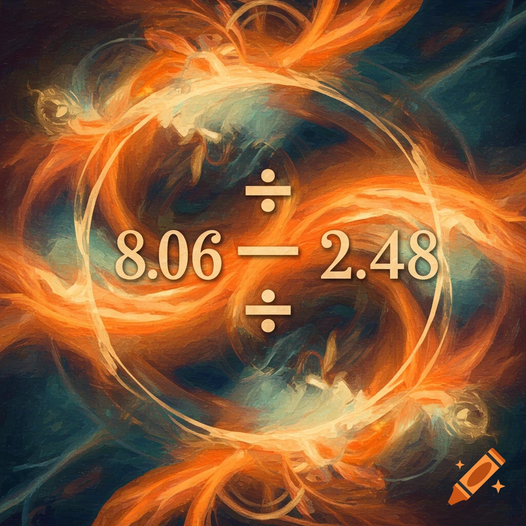 The division problem 8.06 divided by 2.48 is depicted with an abstract swirling background.