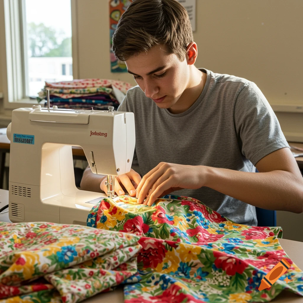 Male student sewing floral fabric on a machine in a classroom.