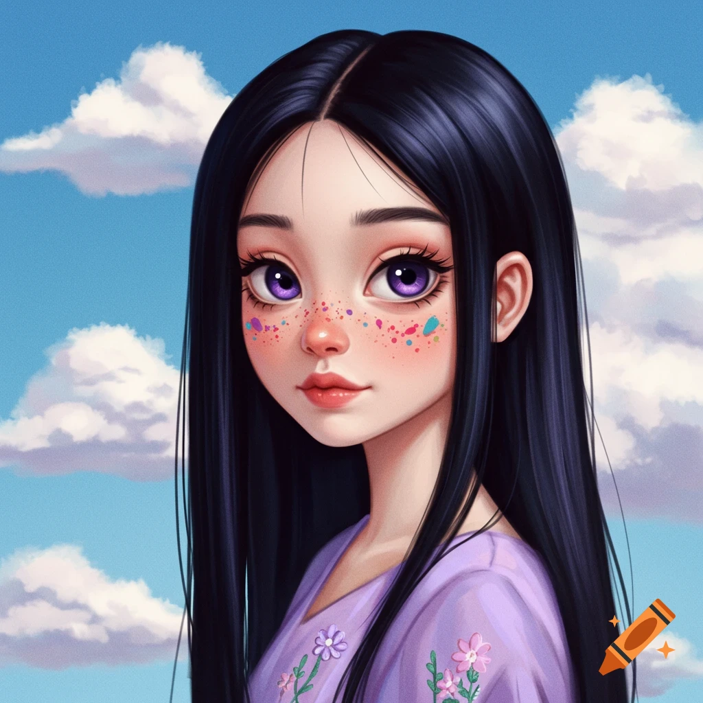 A girl with long black hair, purple eyes, and colorful splash freckles against a blue sky with clouds.