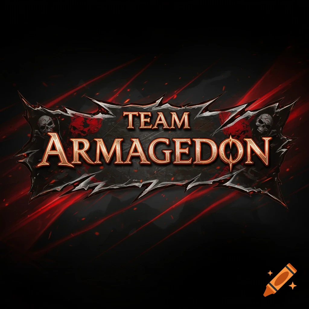 Dark fantasy banner for 'TEAM ARMAGEDDON' with skulls.