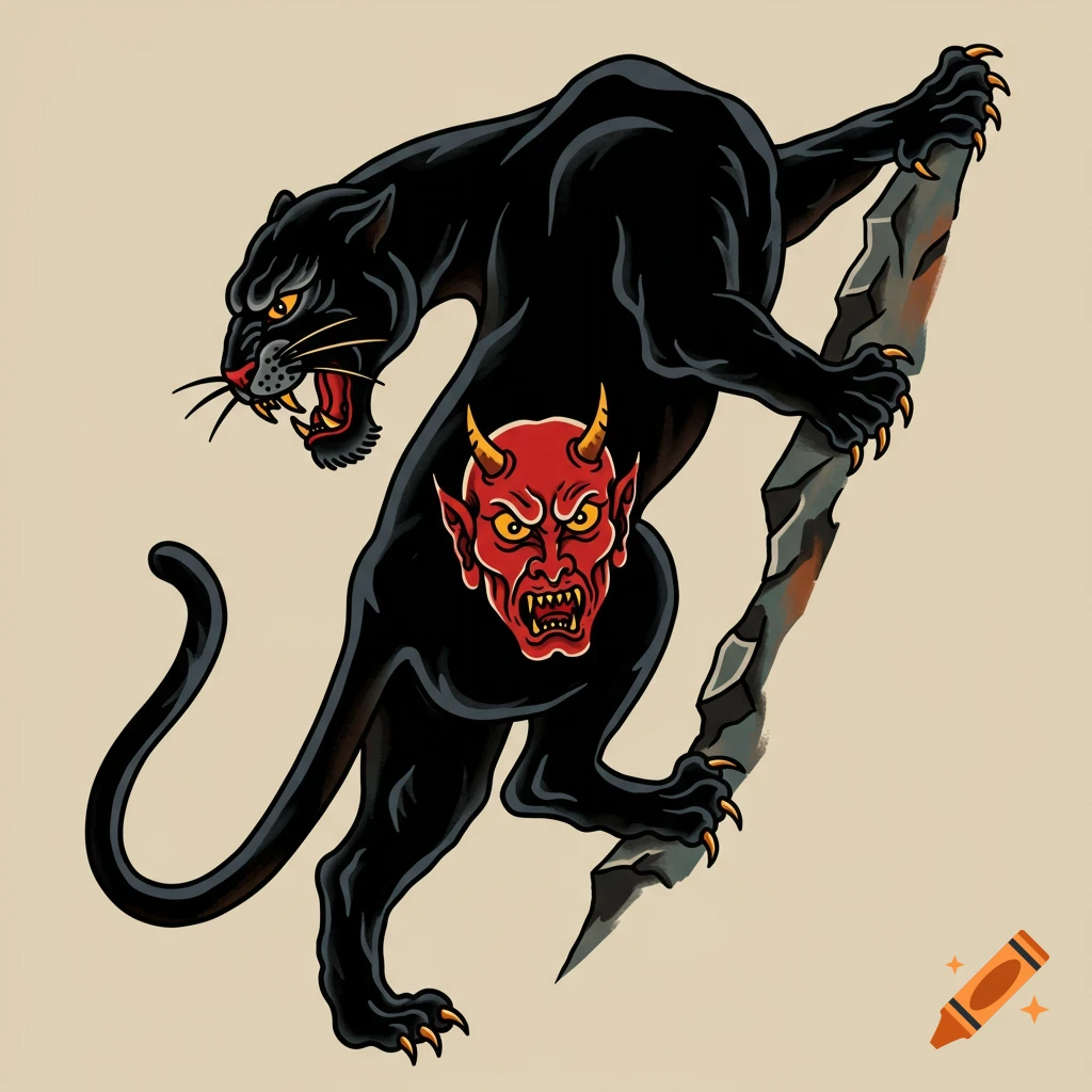Black panther with a devil face on its body climbing a rock, in traditional tattoo style.