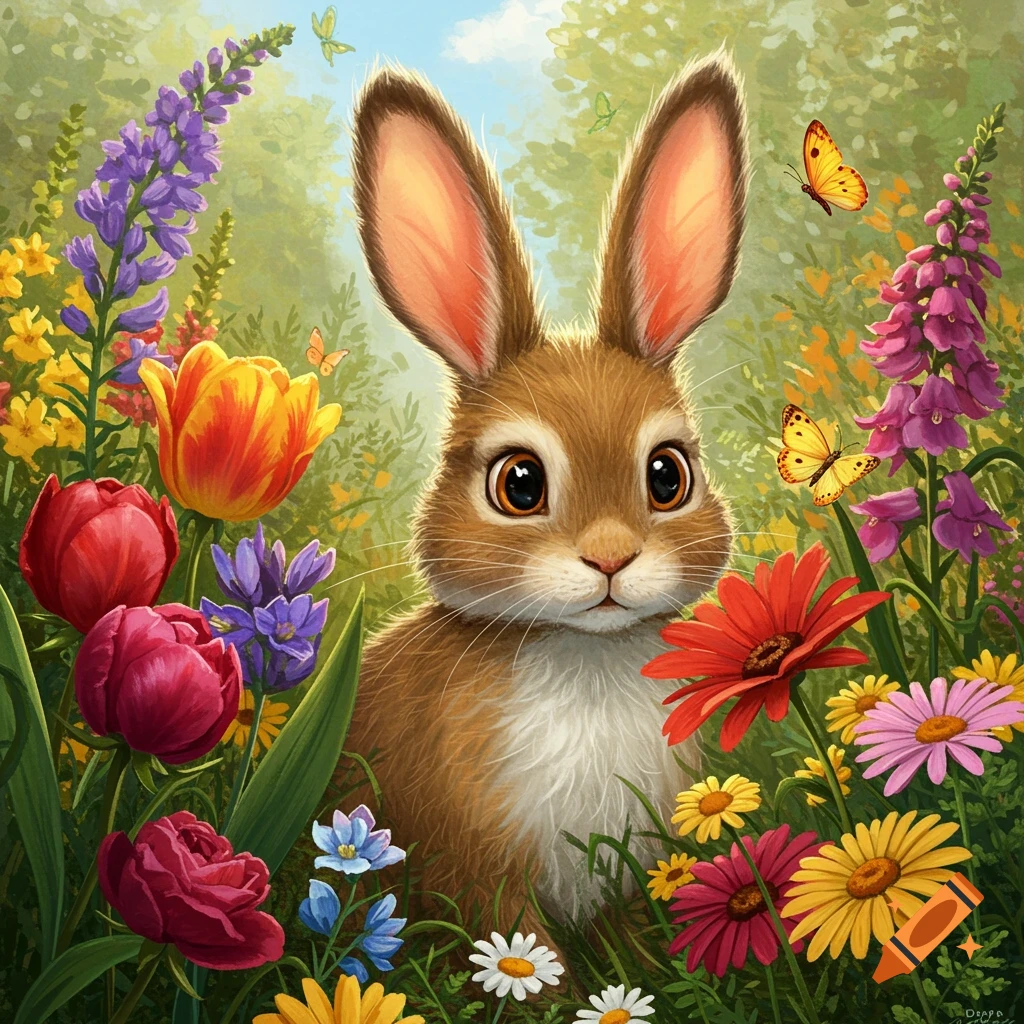 Whimsical illustration of a brown and white rabbit in a garden with colorful flowers and butterflies.