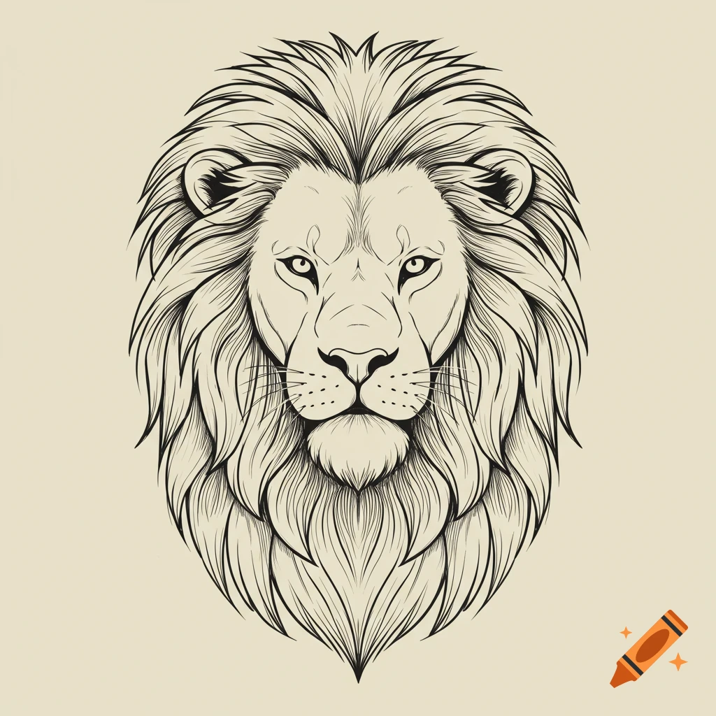 Black and white line art drawing of a lion's head.