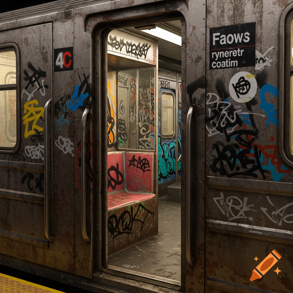 A dirty NYC subway car interior is depicted with open doors and extensive graffiti.