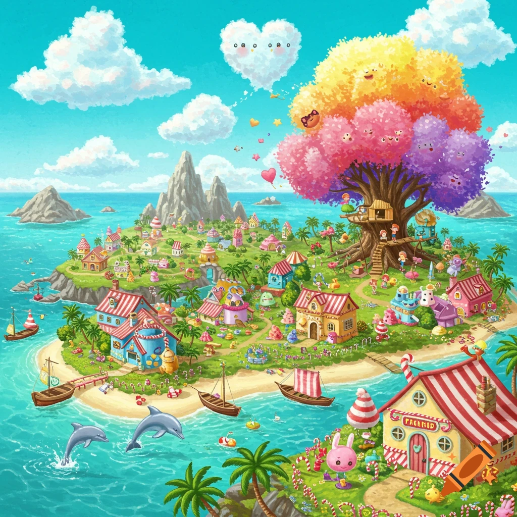 Whimsical fantasy island illustration with colourful houses, cartoon characters, and dolphins