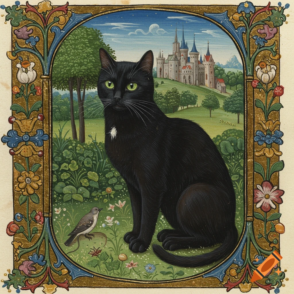A black cat sits in a medieval illuminated manuscript with a bird and castle.
