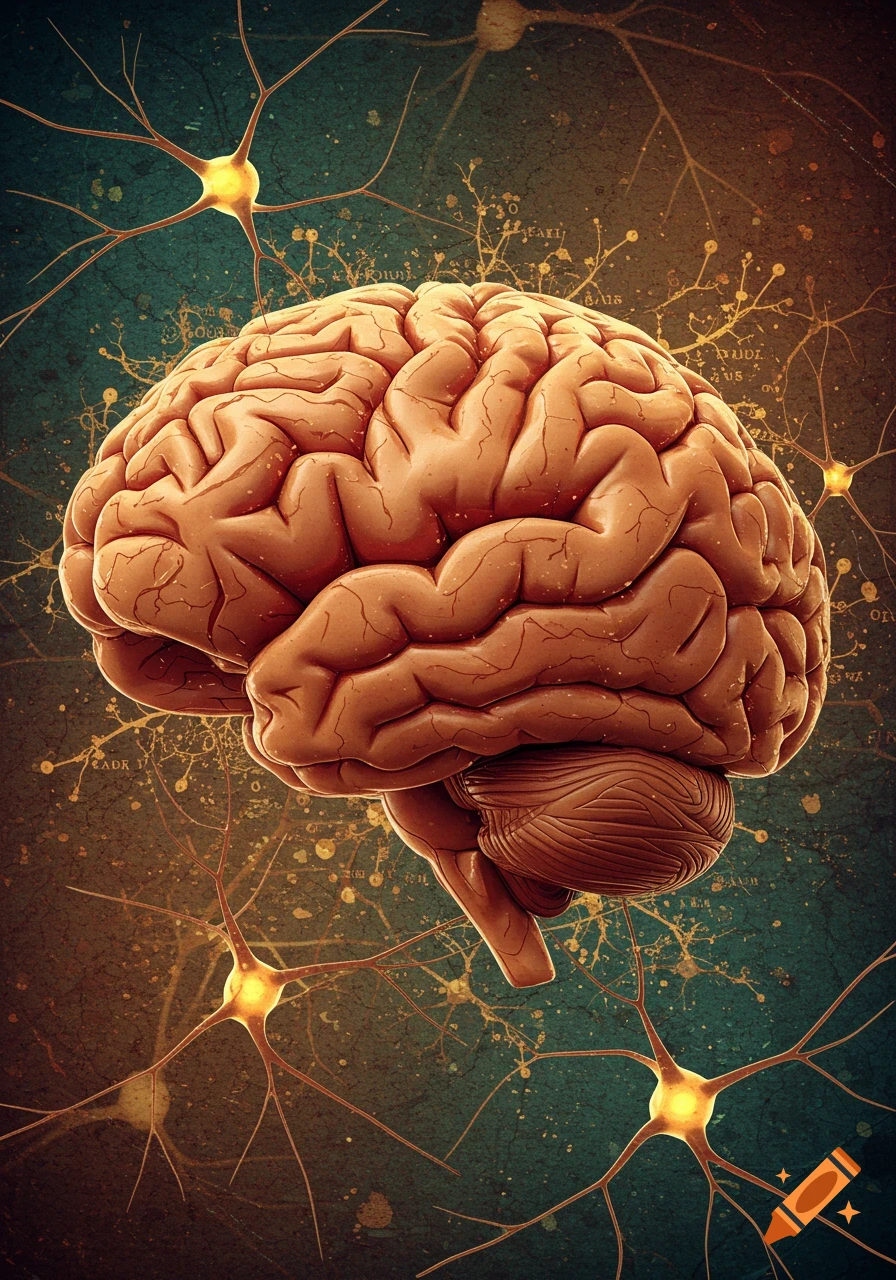 Vintage illustration of a human brain among glowing neurons against a textured background resembling an old map.