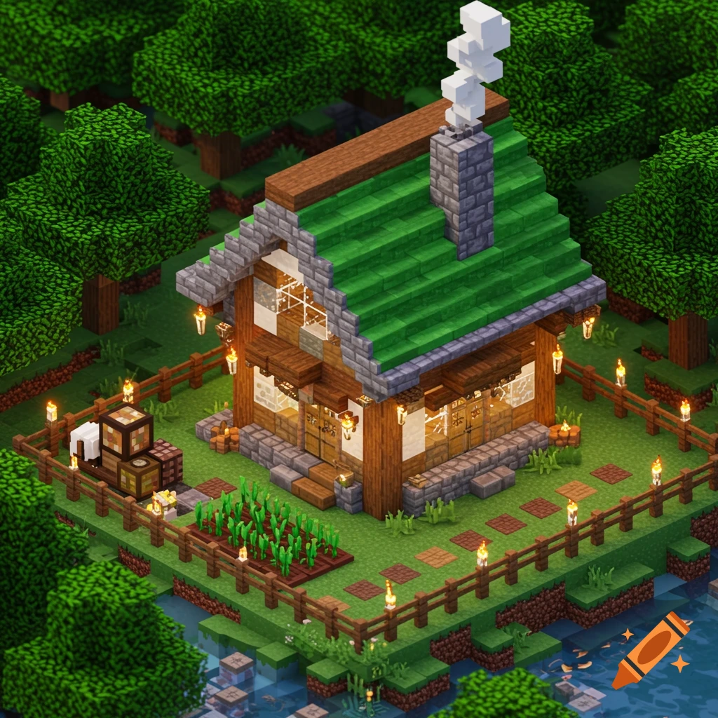 A charming Minecraft-style wooden cabin with a green roof and chimney, surrounded by a garden, fence, forest, and water.