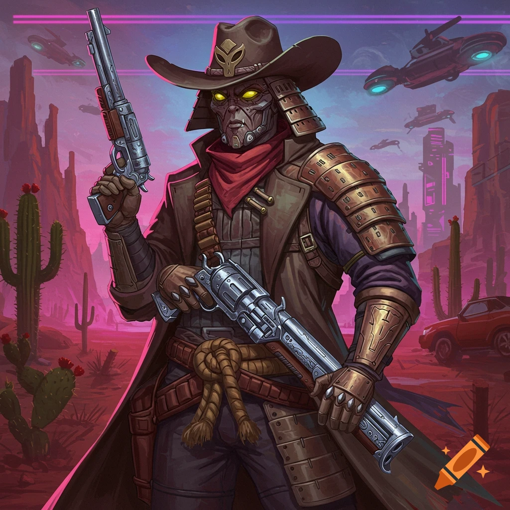 A cyberpunk cowboy samurai figure holding guns stands in a desert with futuristic buildings and flying vehicles.