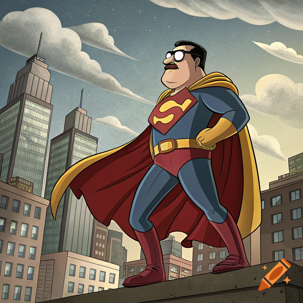 Cartoon character Glenn Quagmire dressed as a superhero stands on a rooftop in a city.