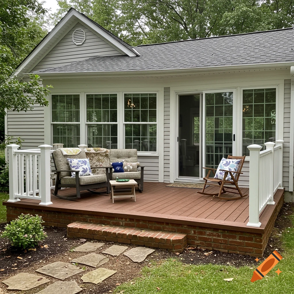 A wooden deck on the back of a house with furniture, sliding glass doors, and stone steps.