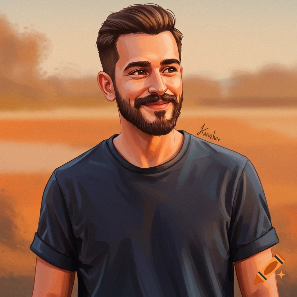 A man with a beard and dark shirt is smiling.