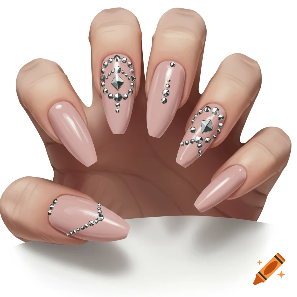 A hand with nude pink almond-shaped nails decorated with silver studs.