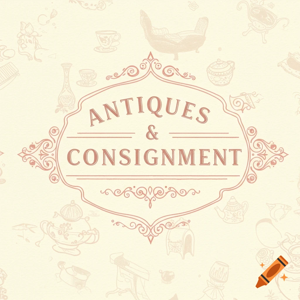 Vintage style sign with 'ANTIQUES & CONSIGNMENT' text and background illustrations of antique items.