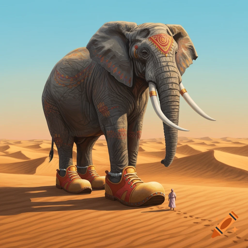 A giant elephant wearing large orange and red shoes walks in a desert past a small person.