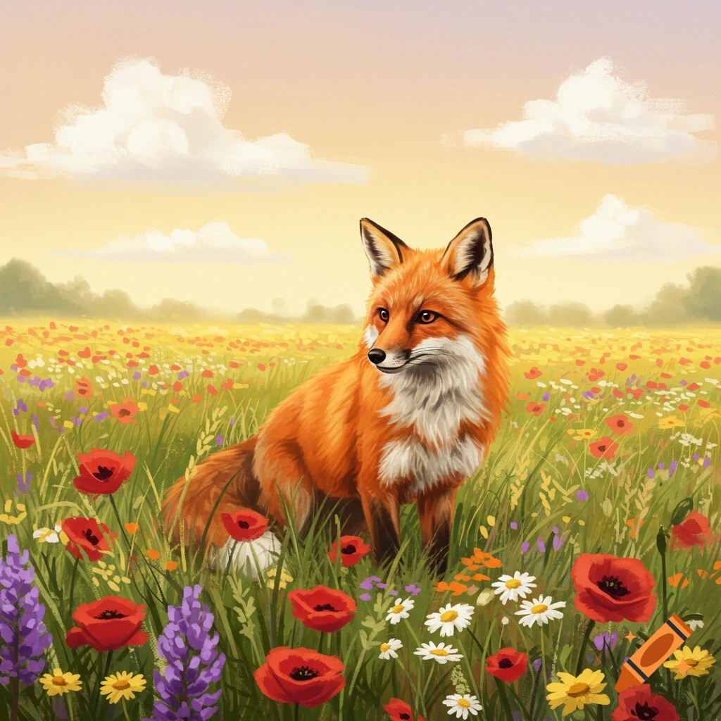 A fox sitting in a field of colorful flowers.