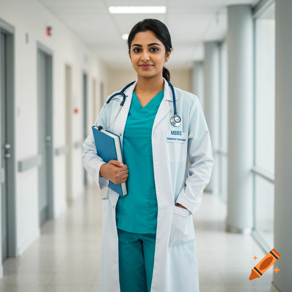 A confident female doctor in a lab coat holds a book in a hospital corridor.