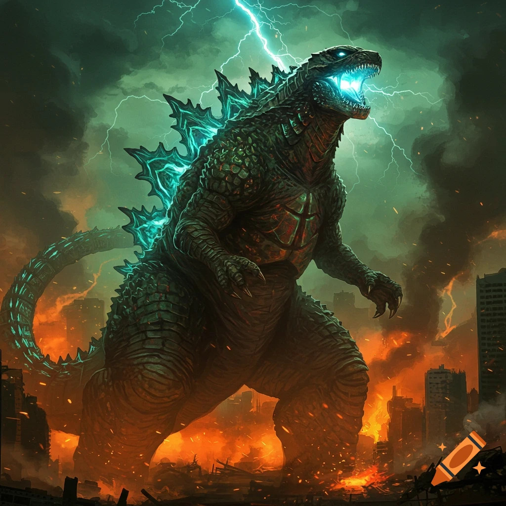 Godzilla rampaging through a burning city with lightning.