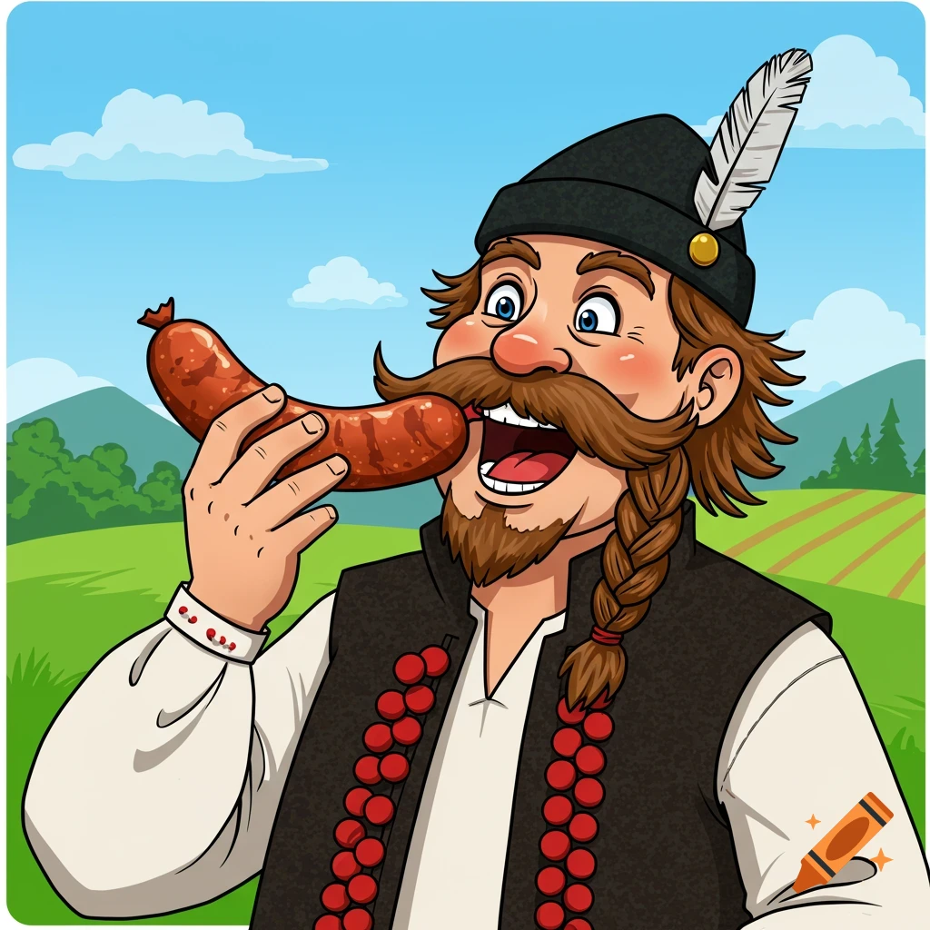Cartoon Polish highlander man eating a sausage in a landscape.