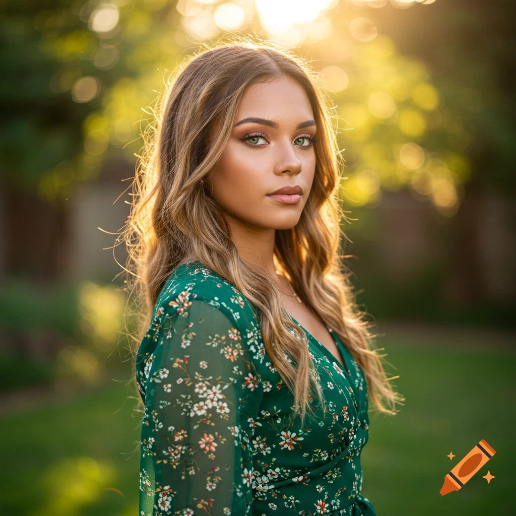 A young woman with long brown hair and green eyes looks at the camera, wearing a green floral dress in golden hour light.