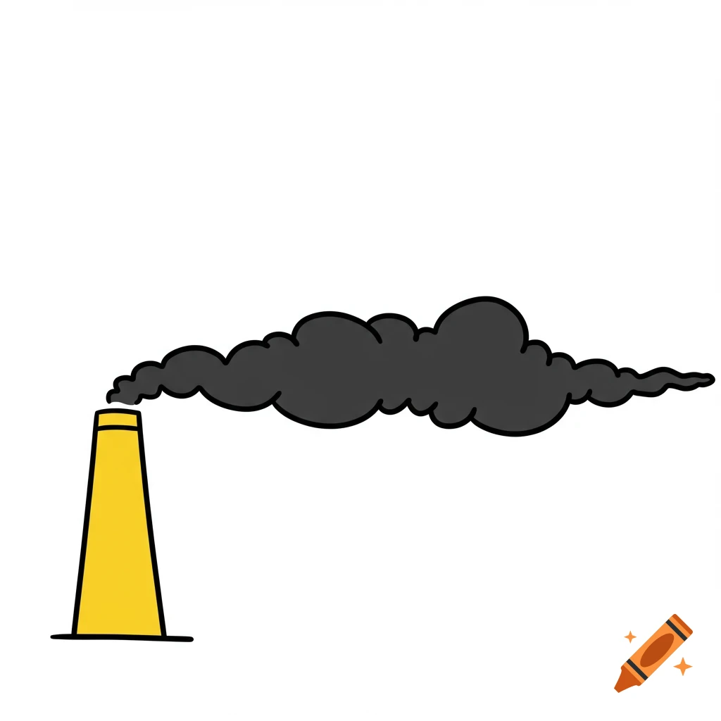 A cartoon drawing of a yellow smokestack emitting black smoke against a white background.
