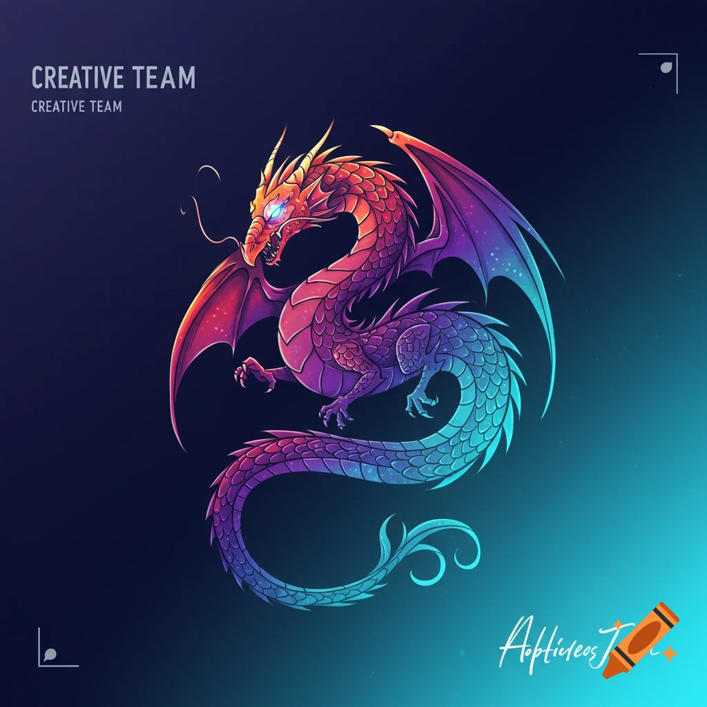 Stylized image of a red, purple, and blue dragon on a dark background