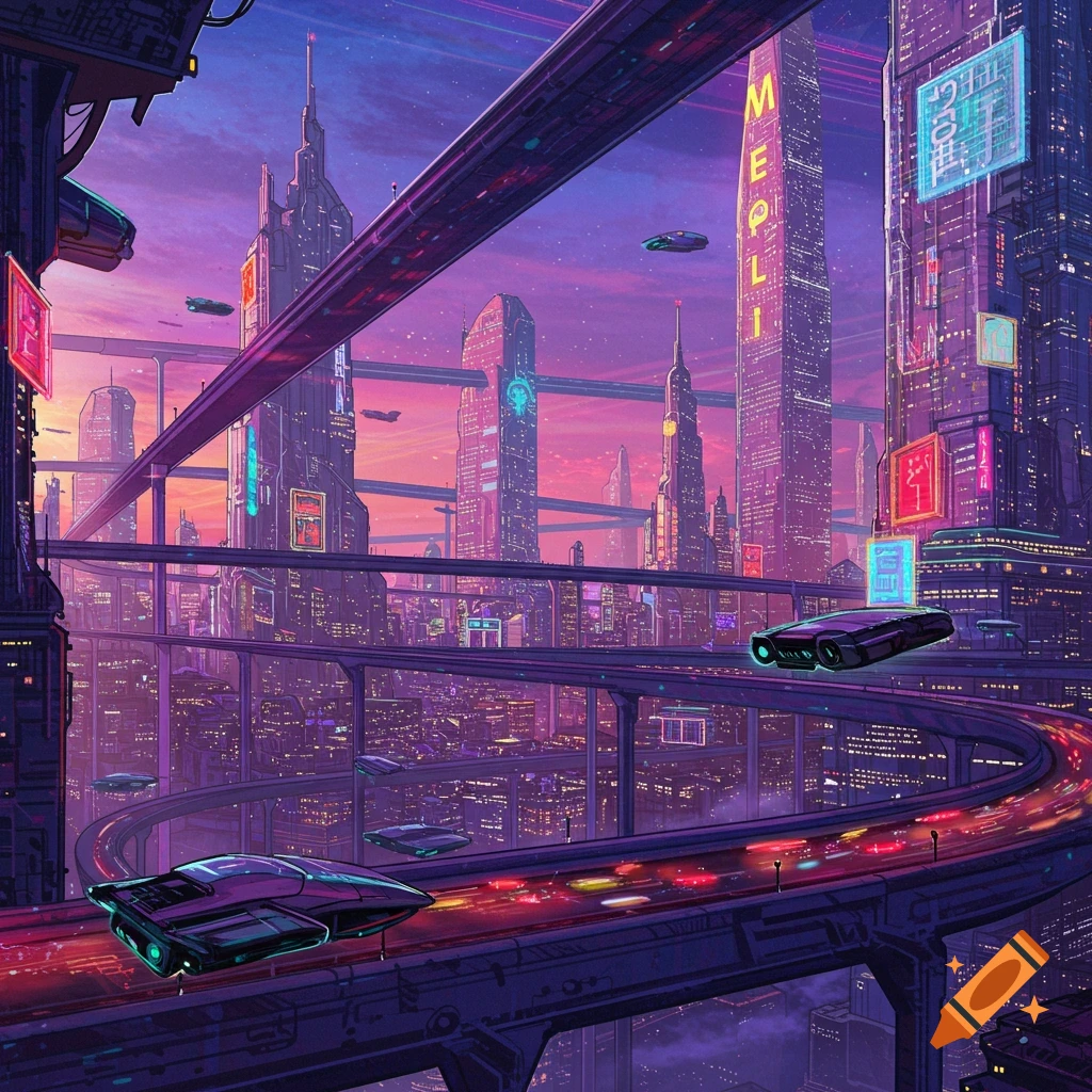 A vibrant futuristic city at sunset with elevated roads, flying vehicles, and glowing buildings.