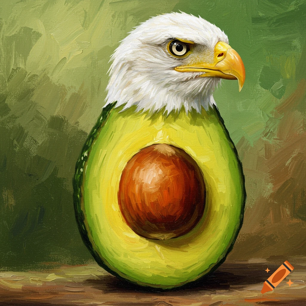 A bald eagle's head on an avocado body, with the pit visible.