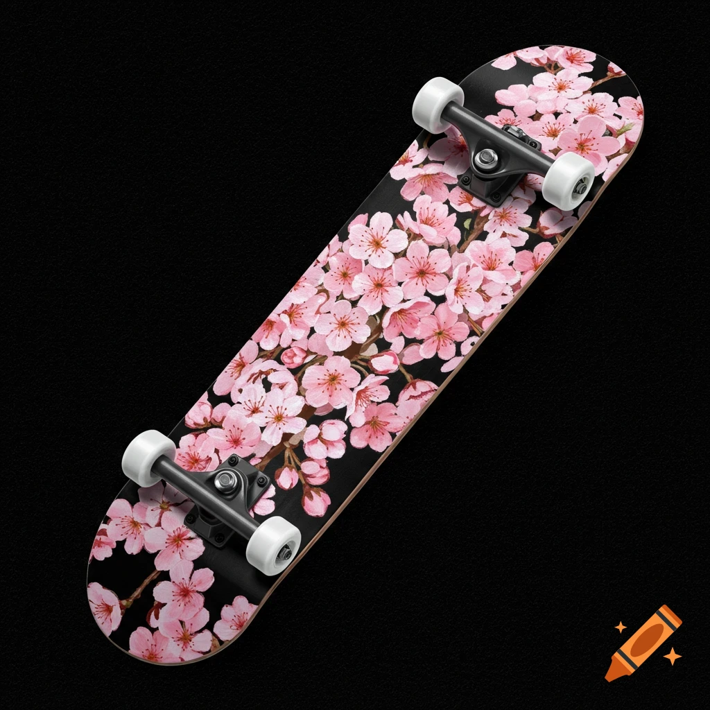 Skateboard deck decorated with pink cherry blossoms.