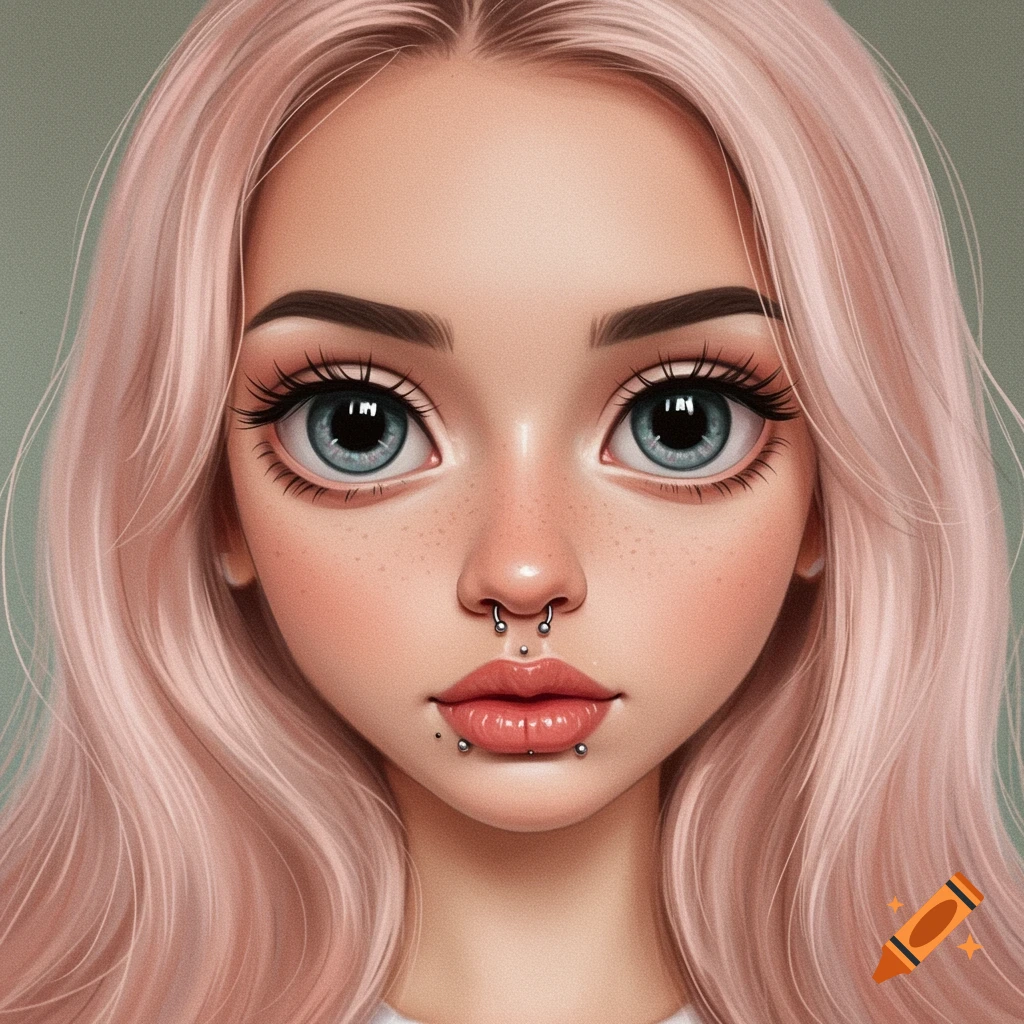 Stylized portrait of a girl with pink hair and blue eyes, wearing nose and lip piercings