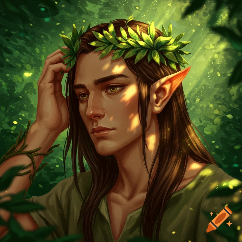 A male elf with a leaf crown and hand on hair in a forest setting.